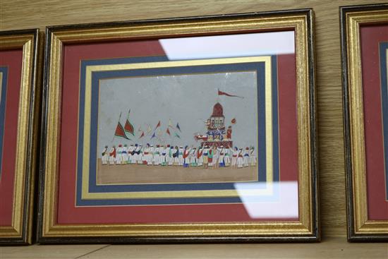 Set of 6 19th century Indian mica paintings depicting rituals and processions 13 x 20cm.
